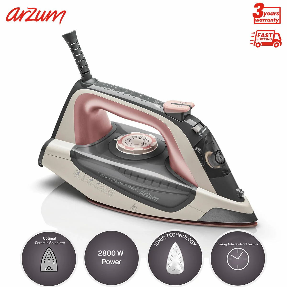 Arzum Steamart Power Steam Iron Rose Gold Heater Ceramic Base Vertical Steam Feature Water Spray 400 Ml Water Tank Capacity Shock Of Steam Adjustable Temperature Vertical Steam Feature Anti-Drip System Automatic Switch