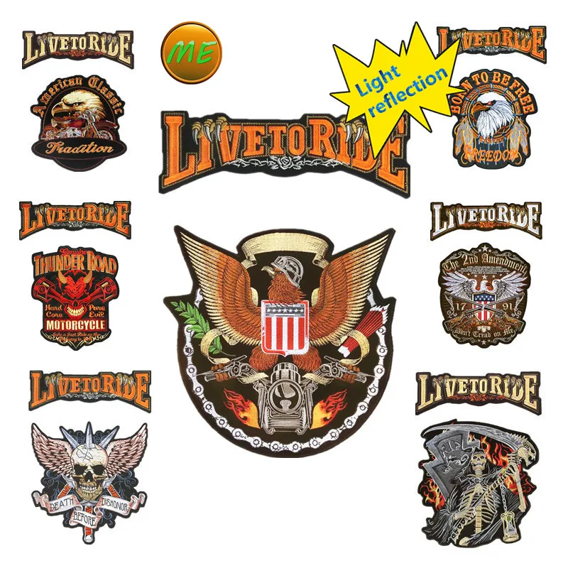 Patch Di Riflessione Della Luce Con Badge Di Grandi Dimensioni Live To Ride Thunder Road Engine Eagle Death Skull Group Motor Embroidery For Vest Giac
