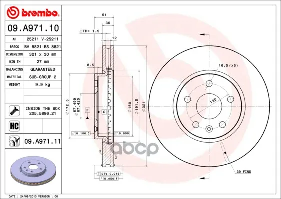 Замена На 09.A971.11 Диск Тормозной 09.A971.10 Brembo арт. 09.A971.10
