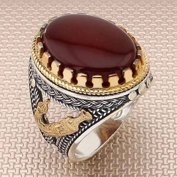 

Red Oval Yemen Agate Stone Silver Ring Vintage Men Silver Ring Bronz Color Big Heavy Silver Ring Solid 925 Sterling Silver