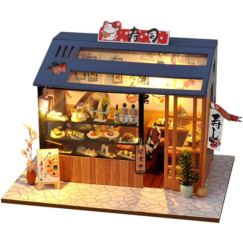 

DIY Dollhouse Wooden Doll House Assembled Sushi Dessert Shop Miniature Doll House Furniture Kit Casa Led Toys for Birthday Gift