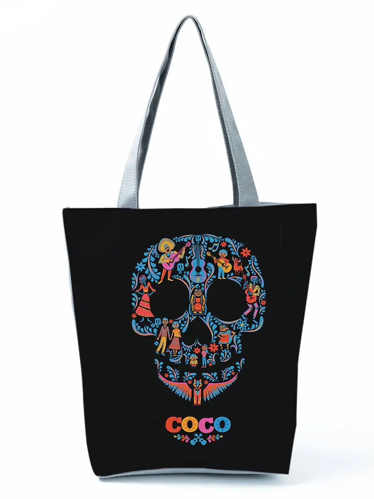 Disney Coco Handbags Skull Floral Tote Lady Casual Shoulder Bag Cartoon Eco Reusable Shopping Bag High Capacity Travel Beach Bag