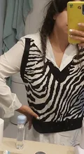 Sweater Vest Women Waistcoat Knitted Zebra-Pattern V-Neck Winter Fashion Woman Pullover