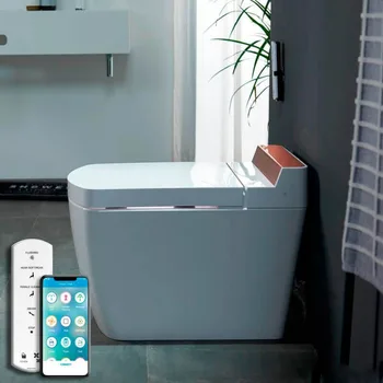 

VOGO SL670 Smart Toilet-a wall outlet with App, White color and detail in bronze.