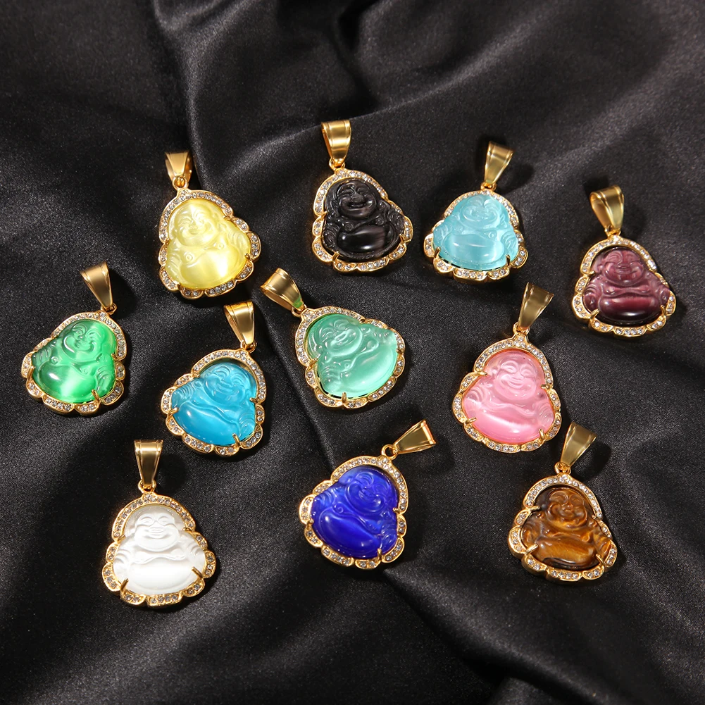 THE BLING KING Buddha Pendant Agate Jade Colorful Cubic Zirconia Gem Stainless Steel With Tennis Chain Necklace Hiphop Jewelry