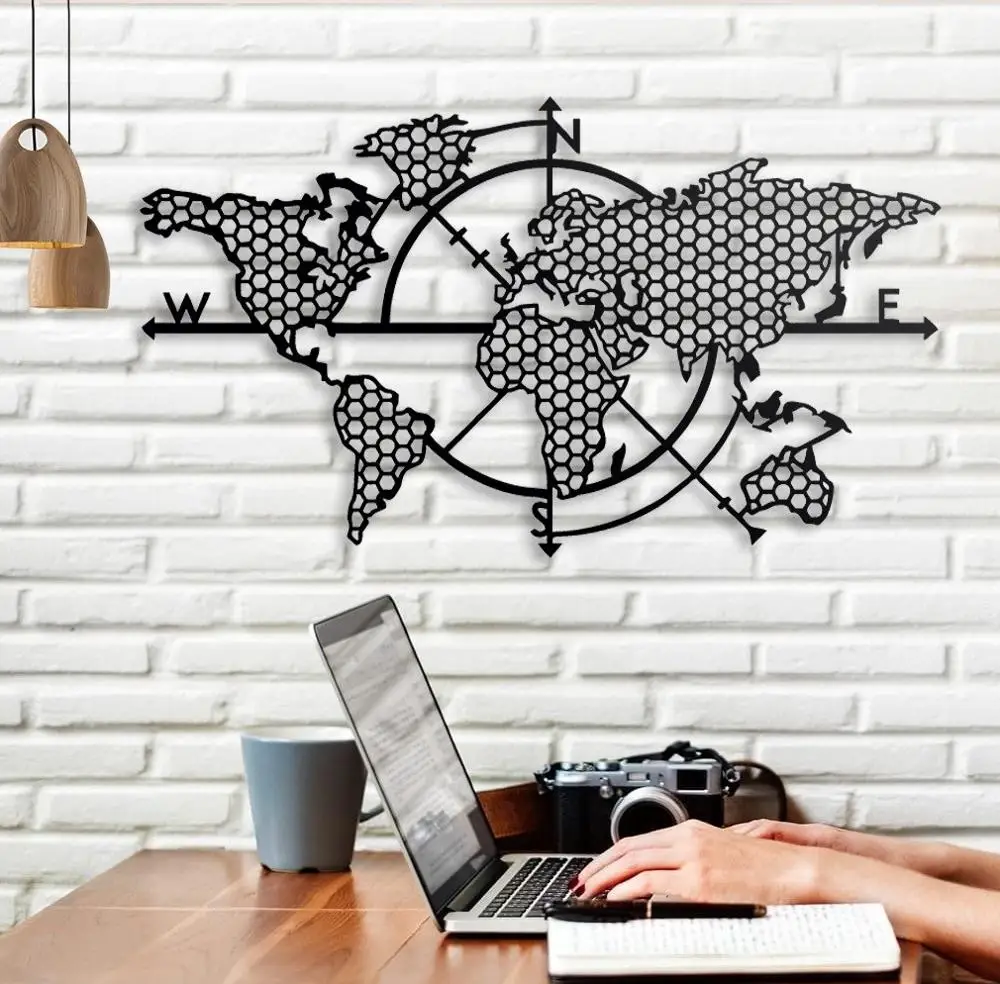 World Map Compass Metal Wall Decor Metal Wall Art Decor 3D Metal Sculpture Metal Wall Decor for Home Office Bedroom Living Room