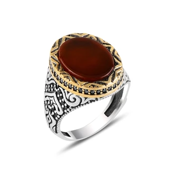 

Silver 925 Sterling Red Agate & Zircon Crystal Ring