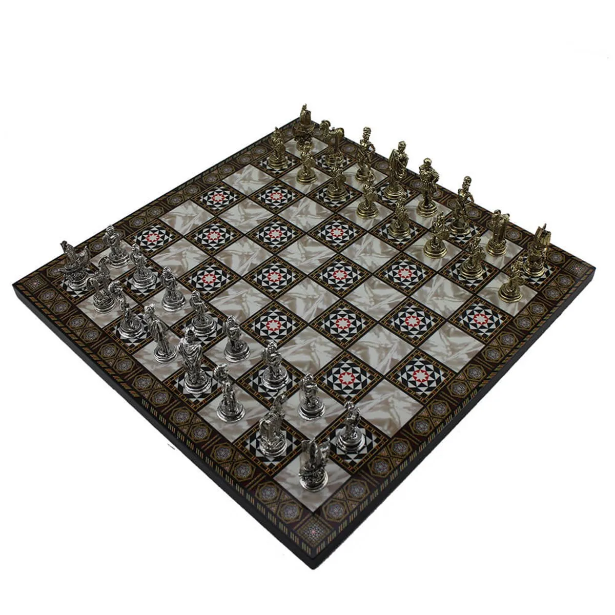 Small Size Metal Trojans Chess Set and Small Board with Nacre Pattern 30x30 cm