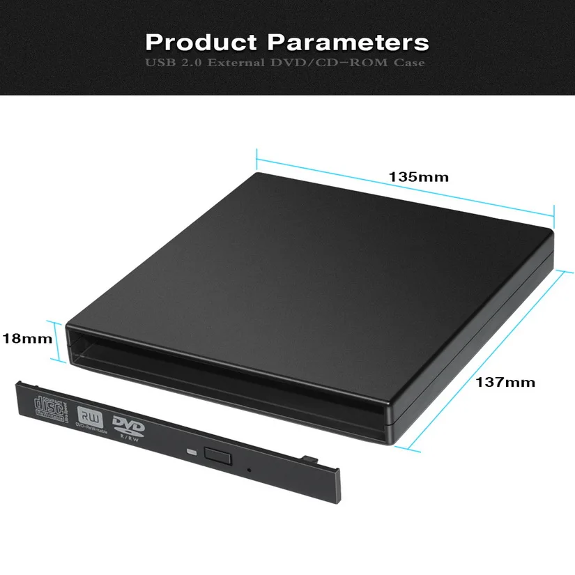 1pc 12.7mm Usb 2.0 External Dvd/cdrom Case For Laptop Desktop Pc
