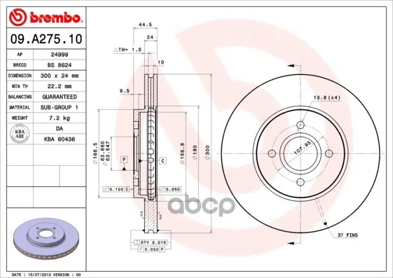Диск Тормозной Передн Ford: Focus 02-04, Focus Универсал 02-04 Brembo арт. 09.A275.10