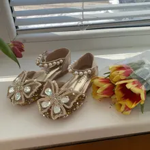 Zapatos con lazo de encaje de lentejuelas para niñas, zapatillas de baile de princesa con perlas bonitas, informales, para fiesta, boda, D721, novedad de 2020