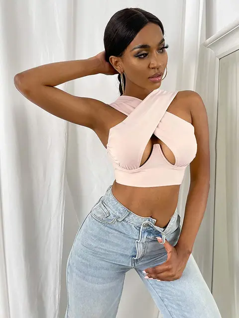 Women's Criss Cross Tank Tops Sexy Sleeveless Solid Color Cutout Front Crop Tops Party Club Streetwear Summer Lady Bustier Tops 4