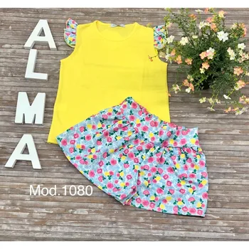 

Girl's top set with yellow skirt shorts with floral print, sizes 4-14A, girl's summer set