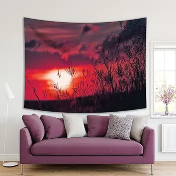 

Tapestry Grass Background with Romantic Sunset Cloudy Sky Wild Nature Peaceful Evening Scenery Purple Red Black