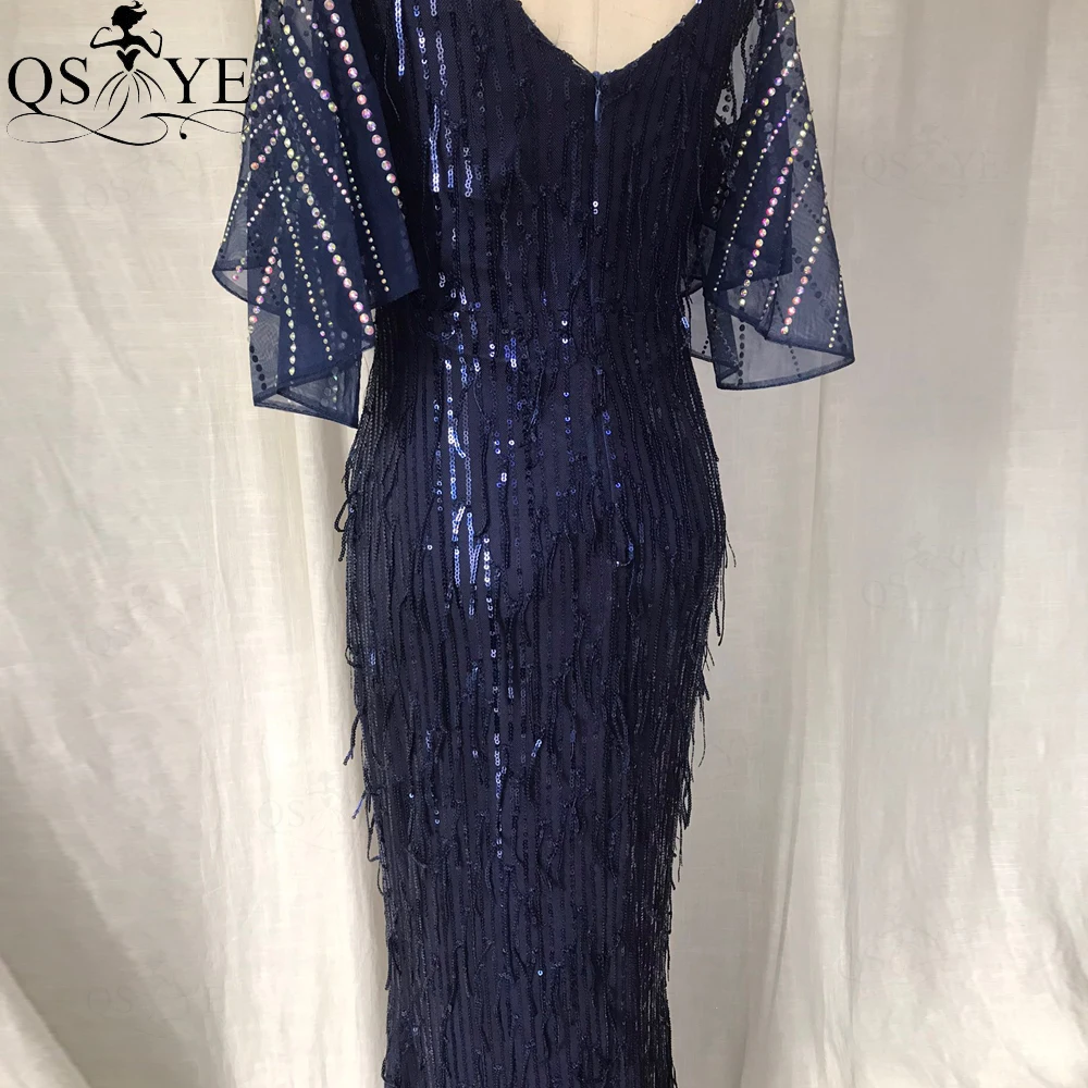 Navy Feather Evening Dress Sequin Mermaid Party Gown Flatter Side Sleeves Stretch Formal Dress V Neck Dark Blue Prom Gown 2022 hot pink prom dress