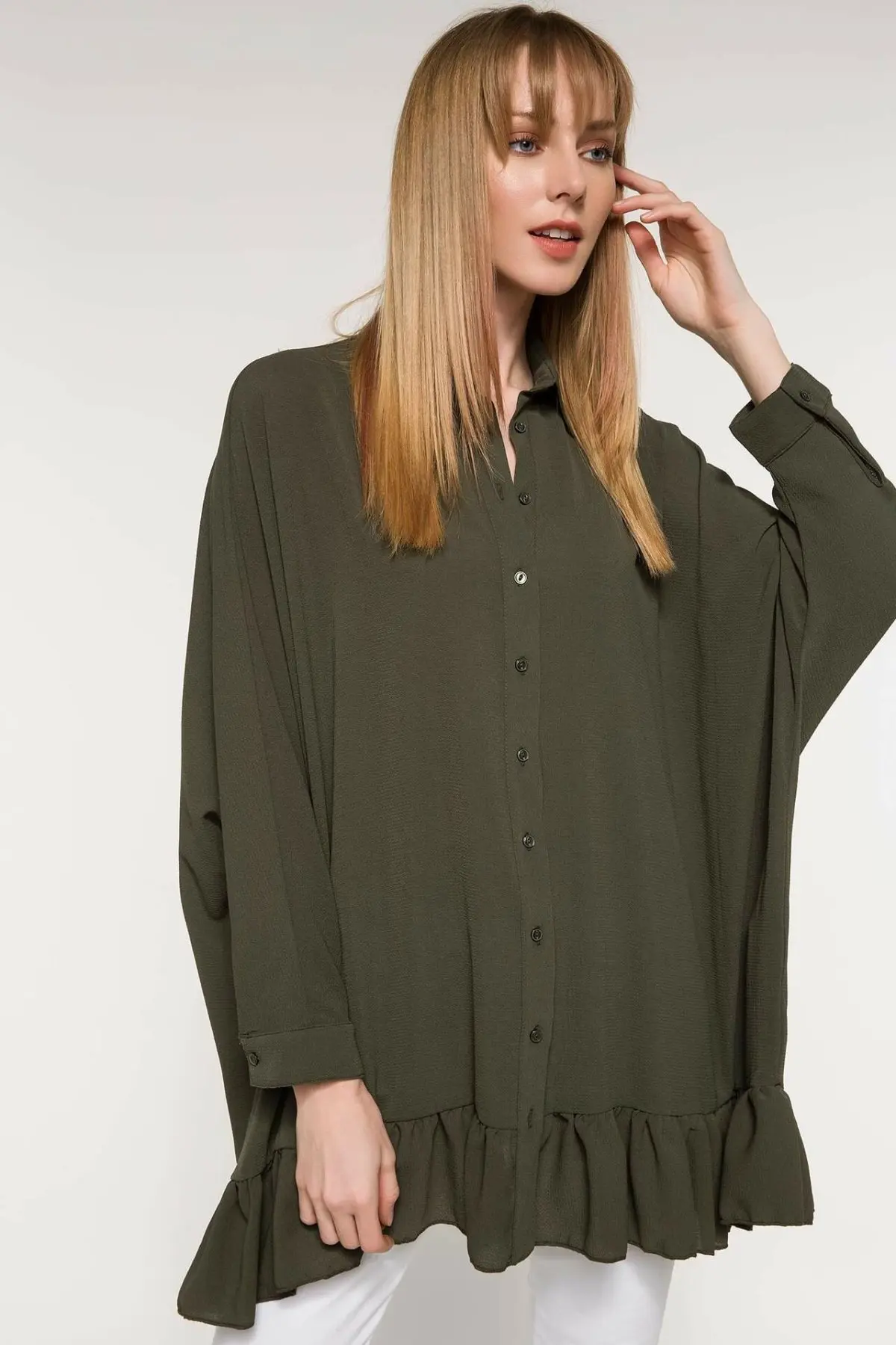 

DeFacto Woman Chic Army Green Top Shirts Women Casual Ruffled Shirt Female Loose Woven Tunic Shirts-I3295AZ18HS