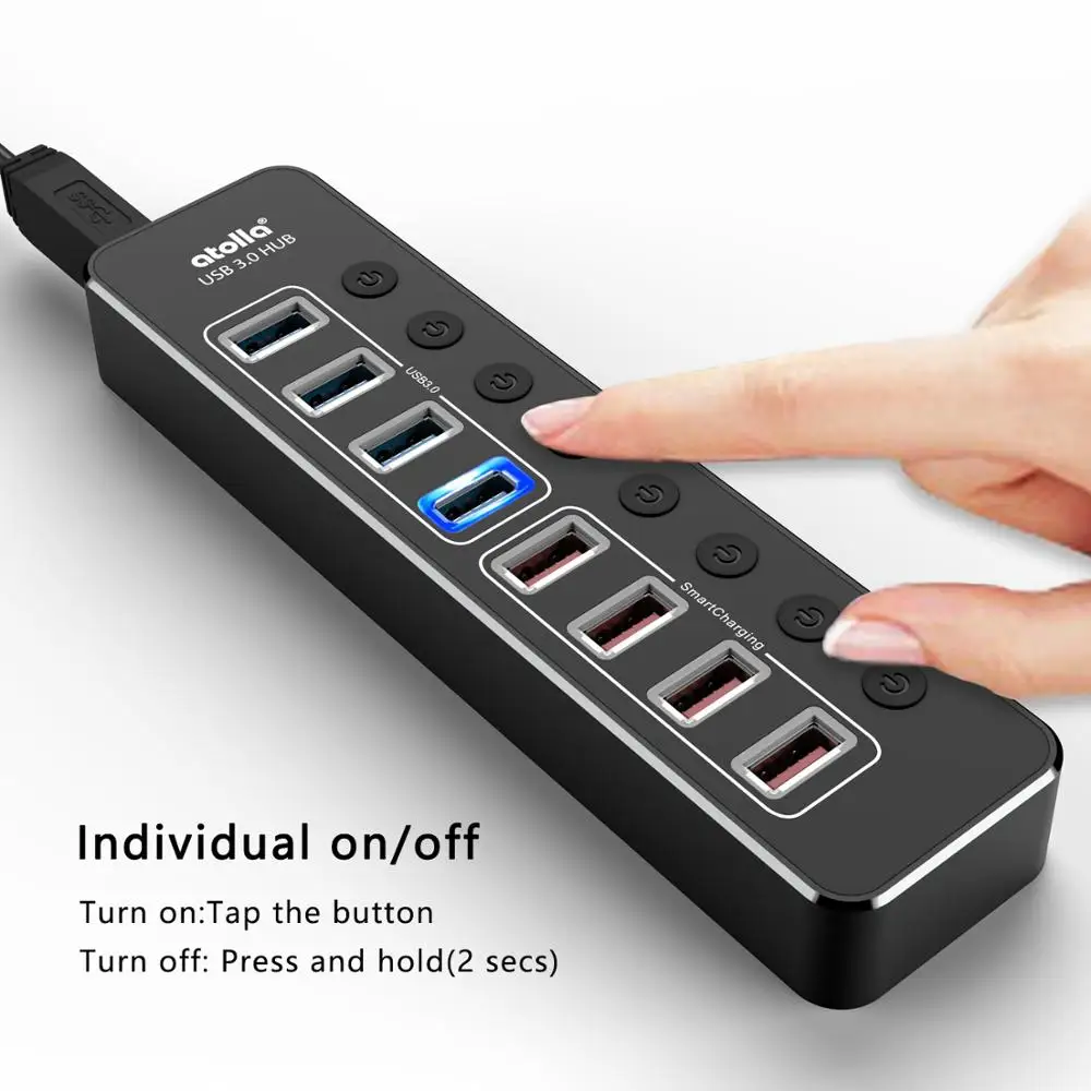 Powered USB Hub 3.0 atolla Aluminum 8-Port USB Hub with 4 USB 3.0 Data Ports and 4 USB Smart Charging Ports USB Splitter with
