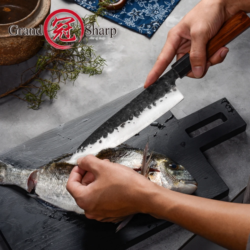Santoku нож ручной ковки 7 дюймов 3 слоя японский AUS10 из высокоуглеродистой