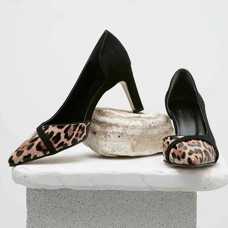 Mio Gusto Brand FRANCES, 6Cm Short Heel, Gray and Black Colors, Leopard Patterned Suede, high Quality, Women's Stiletto Pumps.