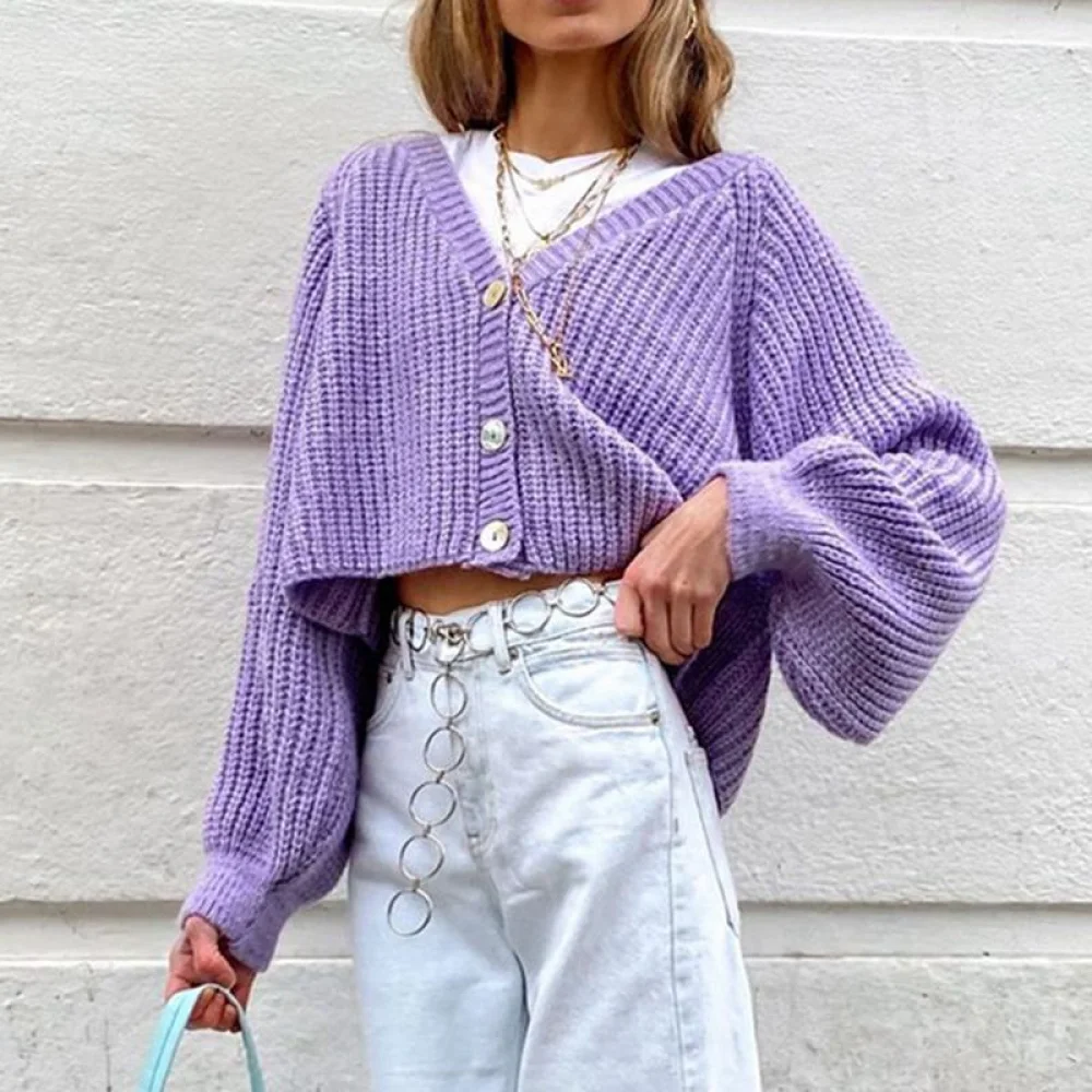 

Purple Cardigan Women Knitted Sweater Autumn Winter Tops Loose Lantern Long Sleeve V Neck Sweet Cardigan Women Casual Outerwear