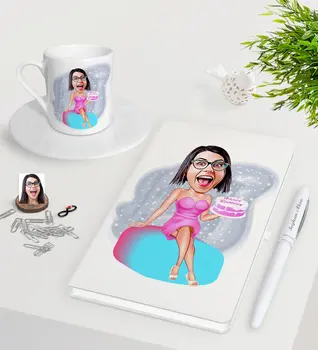 

Personalized Women 'S Birthday Caricature Of White Notebook Pen Turkish Coffee Cup Seti-2