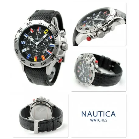 Nautica мужчины A24520G флаги кожаный ремешок черный