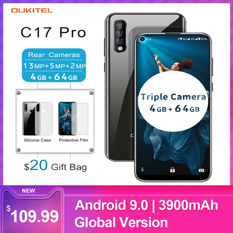 Мобильный телефон Oukitel C17 Pro, 6,35 дюймов, 19:9, Android 9,0, MT6763, четыре ядра, 4 ГБ, 64 ГБ, 3900 мАч, 13 МП, разблокированный смартфон с функцией распознавания лица, 4G
