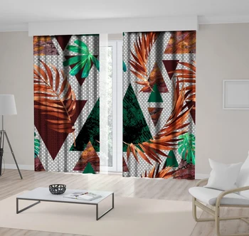 

Curtain Exotic Leaves on Triangle Geometric Patterns Polka Dots on Grunge Effect Vintage Style Art Brown Green Gray
