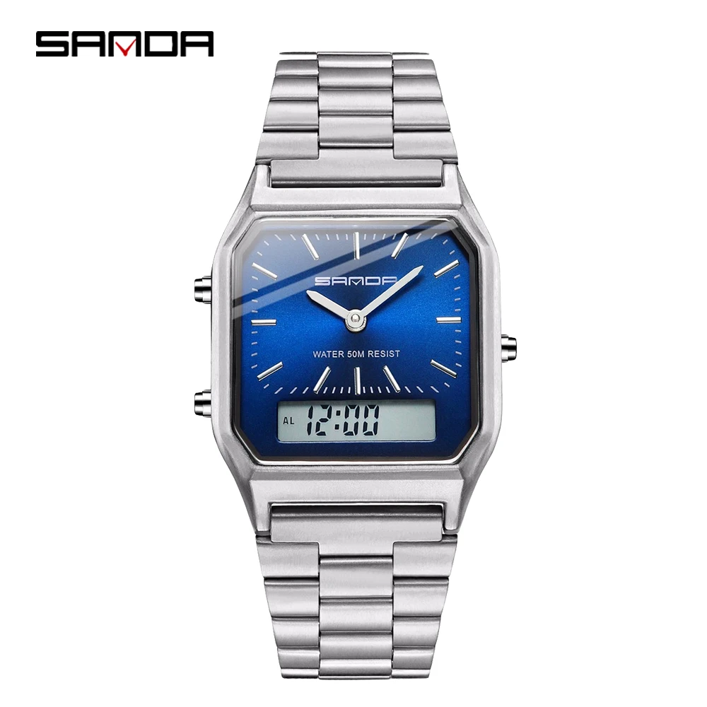 SANDA brand retro commercial steel strap Men's Electronic Watch Dual display Multi-function watch Alarm Clock code watch