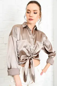 

Trend Alacati Style Women Lilac Front Gusset Double Pocket Satin Woven Shirt ALC-X3874