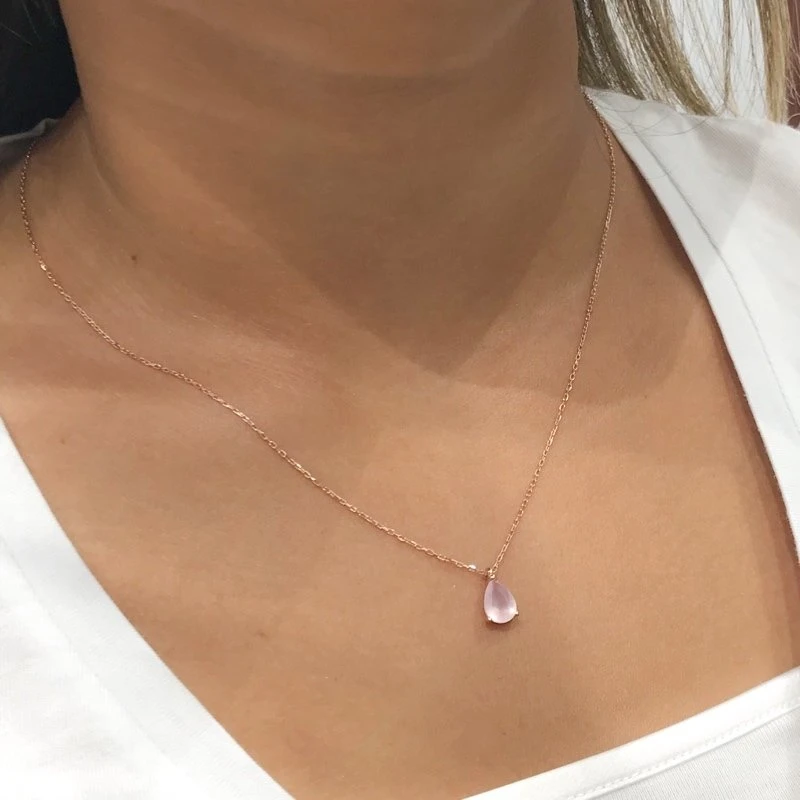 Collar de plata Color salmón de piedra de cuarzo rosa de gota pequeña| Collares de cadena| - AliExpress