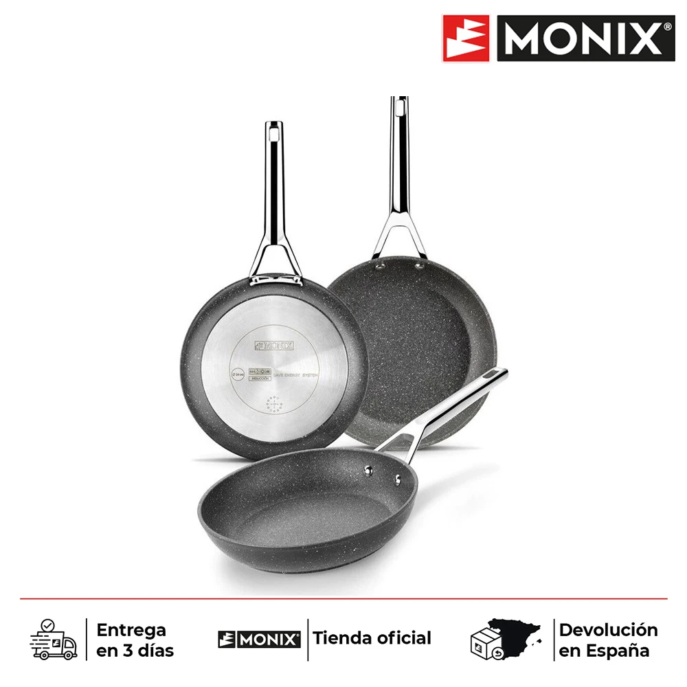 induzione inclusa Monix Chef Non-Stick adatto a tutti i tipi di piani cottura in acciaio inox 18/10 con antiaderente Set di 3 padelle da 20-24-28 cm 