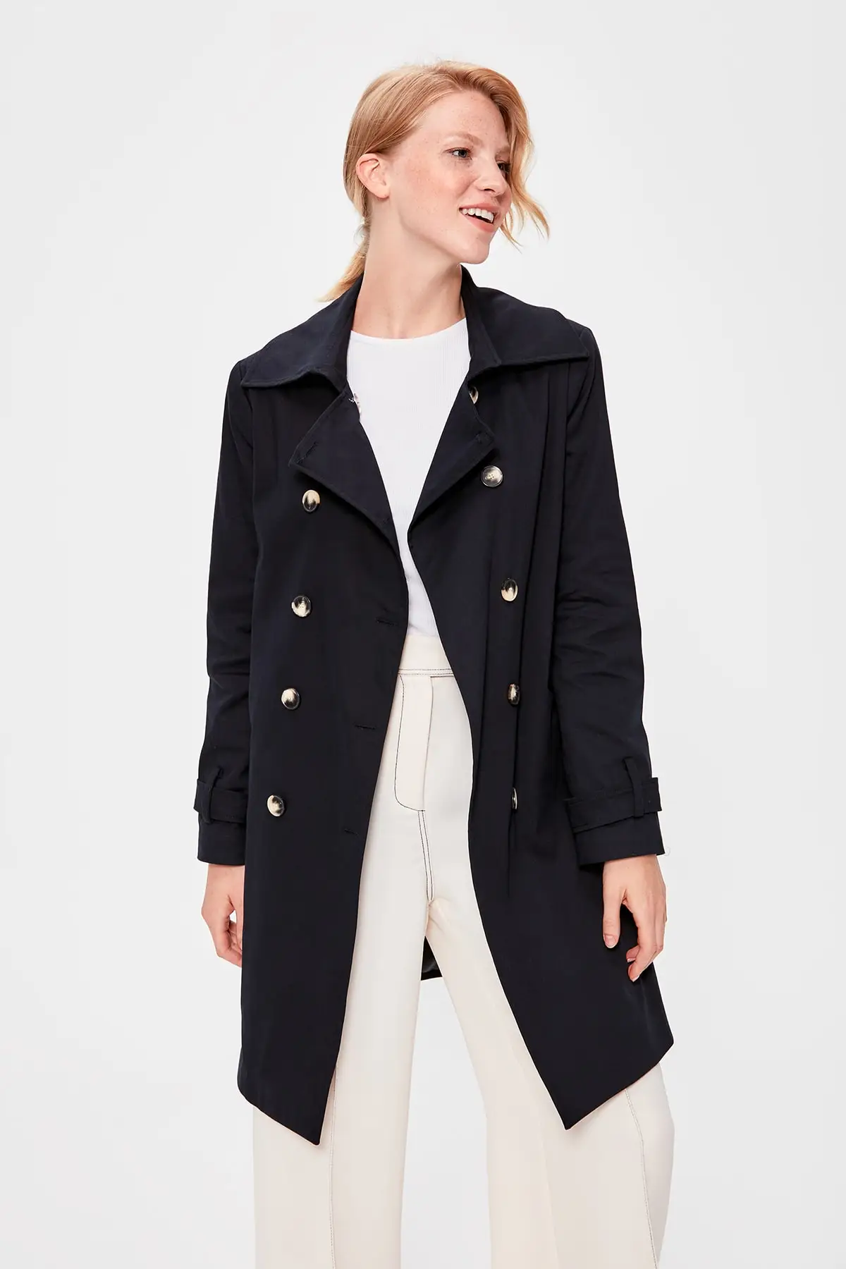 

Trendyol Navy Blue Bone Button Trench Coat TWOAW20TR0004