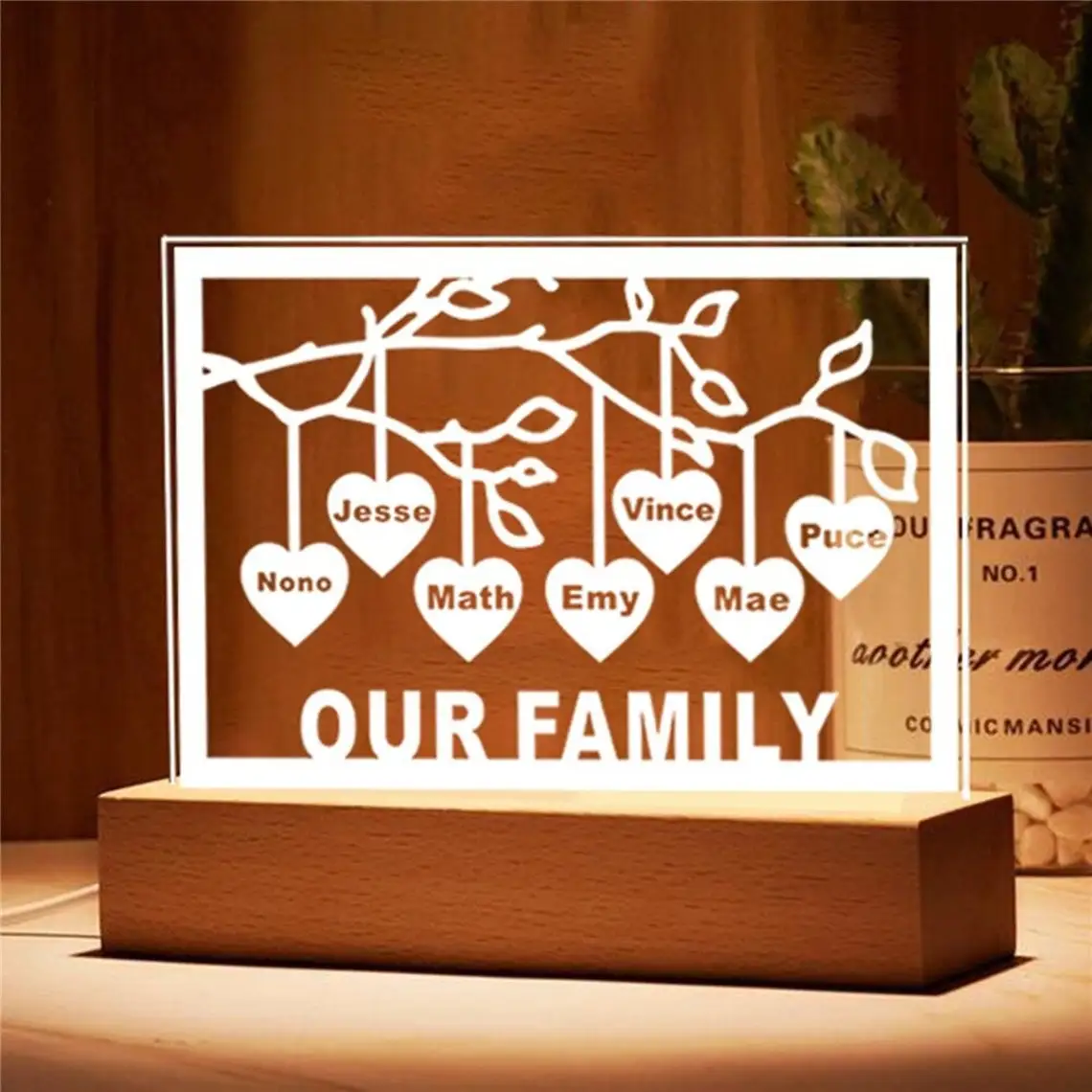 Personalized Family Tree Night Light Heart Names up to 12 Names USB Led Wooden Base Lamp for Mother’s Day Christmas Mom Gift