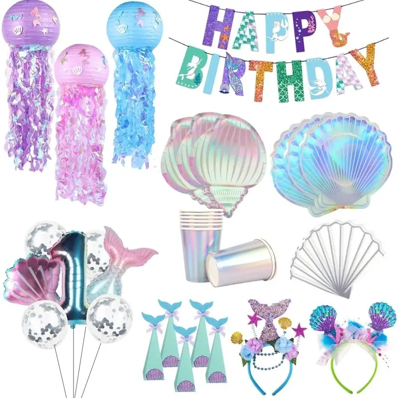 

Mermaid Party Colorful Shell Disposable Tableware Beach Under The Sea Party Baloon Little Mermaid Girls 1st Birthday Party Decor