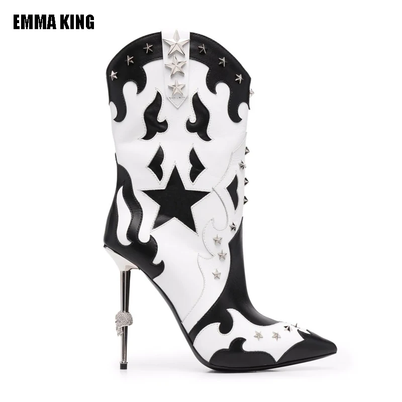 Woman Western Cowboy Boots Mid-Calf Boots Leather Partchwork Shoes Ladies Pointed Toe Women's Metal Heels High Heel