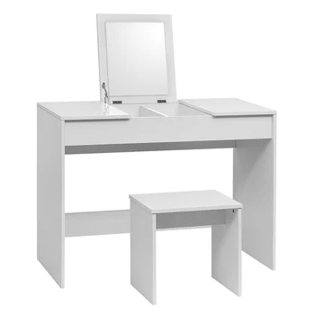 

1SET White Dressing Table with Dressing Stool Makeup Mirror Foldable Vanity High Gloss Table Top Bedroom Cosmetic Dresser Set