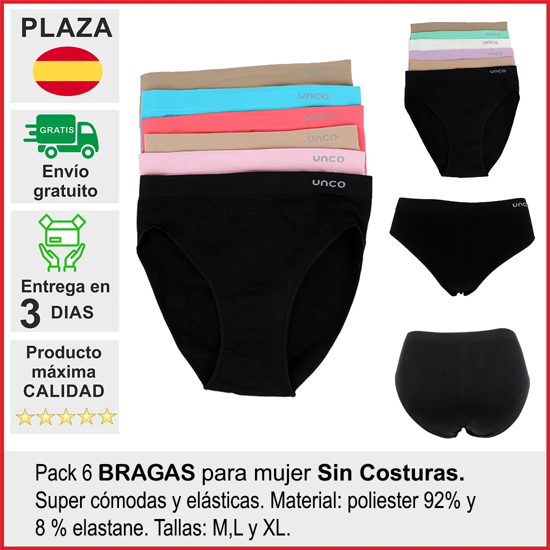 Braga Mujer Sin Costuras Laterales ,Básica y Cómoda. Hay 3 Tallas M, L, XL,  Muy elástico. Paquete de 6 Colores - AliExpress