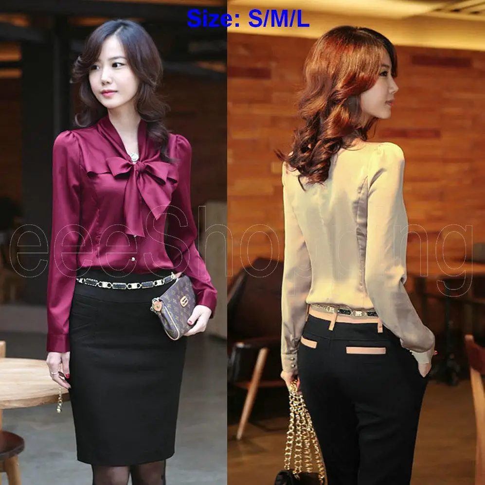 Q439 Women Office Las Formal Work Style Slim Waisted Bowknot Q075 Women Office Las Formal Work Style Slim Waisted On Down Long Sleeve Chic Bowknot Shirt Blouses Tops Free Ship S M L