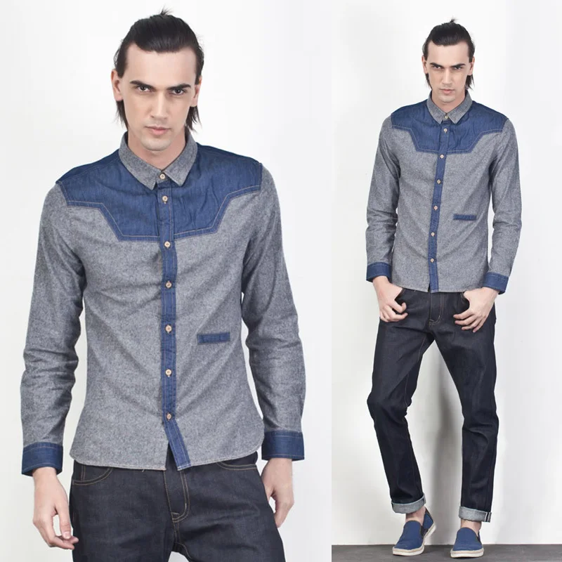 Autumn Mens Clothes Casual Denim Patchwrok Shirt Fashion Designer Outerwear Korean Long Sleeve Jeans Shirts For Men Autumn Mens Clothes Casual Denim Patchwrok Shirt Fashion Designer Outerwear Korean Long Sleeve Jeans Shirts For Men