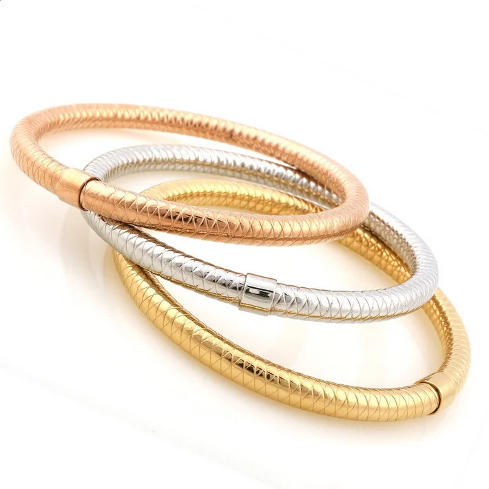 Womens Tri Color Circle Round Hollow Silver Rose Gold 14k Thick Jewelry Set Vintage Tri Color Srew Circle Hollow Silver Rose Gold Plated Stainless Steel Bangle Bracelets