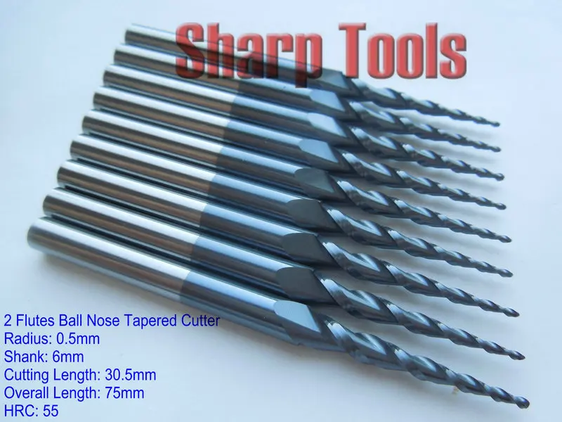 5pcs Carbide Tapered Ball Nose End Mill 30.5mm 2Flute For Carving CNC Cut Tools