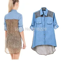 Spring Summer Fashion  Europe Leopard Denim Patchwork  Lady  Blouse Casual Design Long Sleeve Women Shirt S M L WCS12500CN