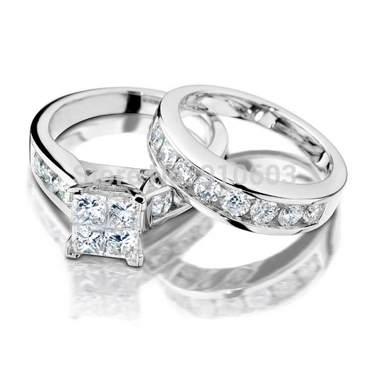 Center 1 Carat Pear Shape Lab Grown Diamond Ring With Micro Pave Set Simple Solid 9k White Gold Wedding Set Ring For Women Center Princess Cut Simulated Diamonds Engagement Band Fine Jewelry