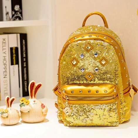 2017 Hot Korean Lady Fashion All Match Sequined Bag Metal Rivets 2017 Hot Korean Lady Fashion All Match Sequined Bag Metal Rivets Punk Style Backpacks Women Rivet College Wind Bookbag Gold Blue In From Luggage