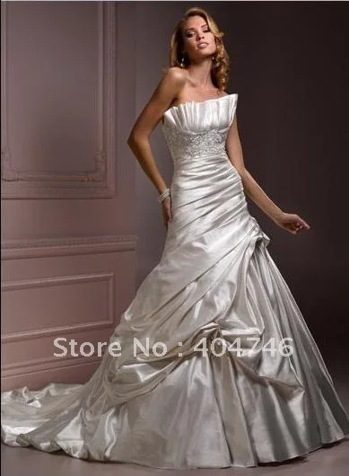Free Shipping Satin Strapless Straight Neckline Crumb Catcher Bust Free Shipping Satin Strapless Crumb Catcher Neckline Beaded Bustline Pleated Bodice A Line Pick Up Skirt New Wedding Dress