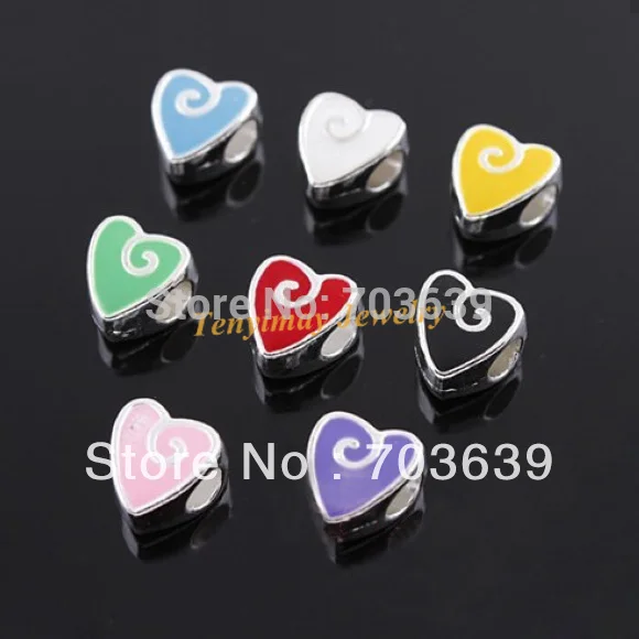 Multicolor heart shape enamel beads, big hole alloy beads, European charm beads fit charm bracelet, silver plating beads