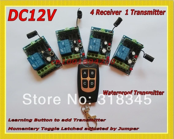 3000M RF Wireless remote control switch system 1 (controller)transmitter +4 receiver(switch)12V 10A each CH is independently