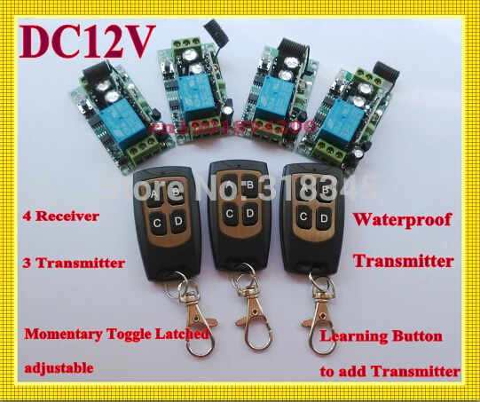 3000M RF Wireless remote control switch system 1 (controller)transmitter +4 receiver(switch)12V 10A each CH is independently