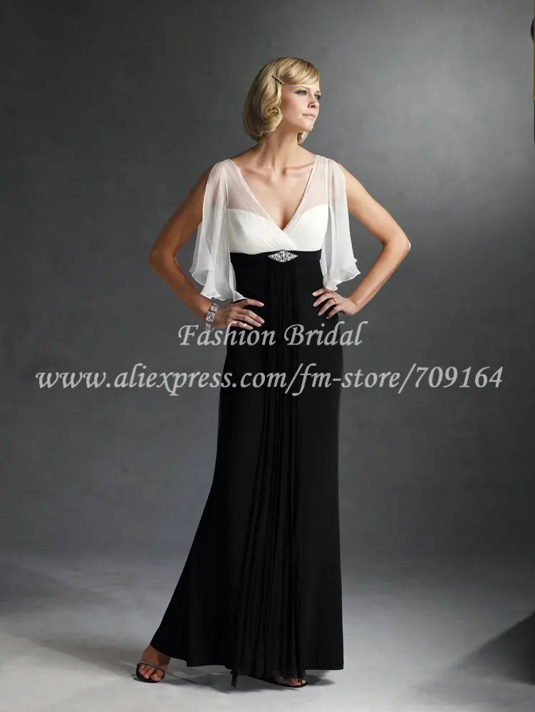 Fm035 Elegant Mermaid Gold And Black Long Mother Of The Bride White And Black V Neck Y Mother Bride Dresses